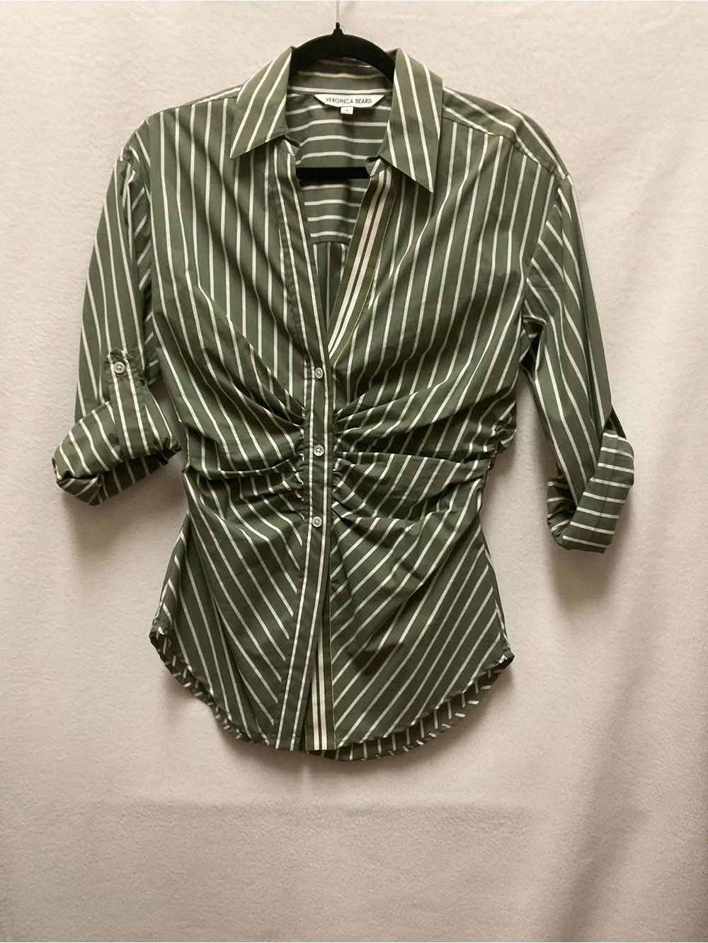 Veronica Beard Olive Green & White Striped Ruched Button-Down Shirt - Picture 1 of 5